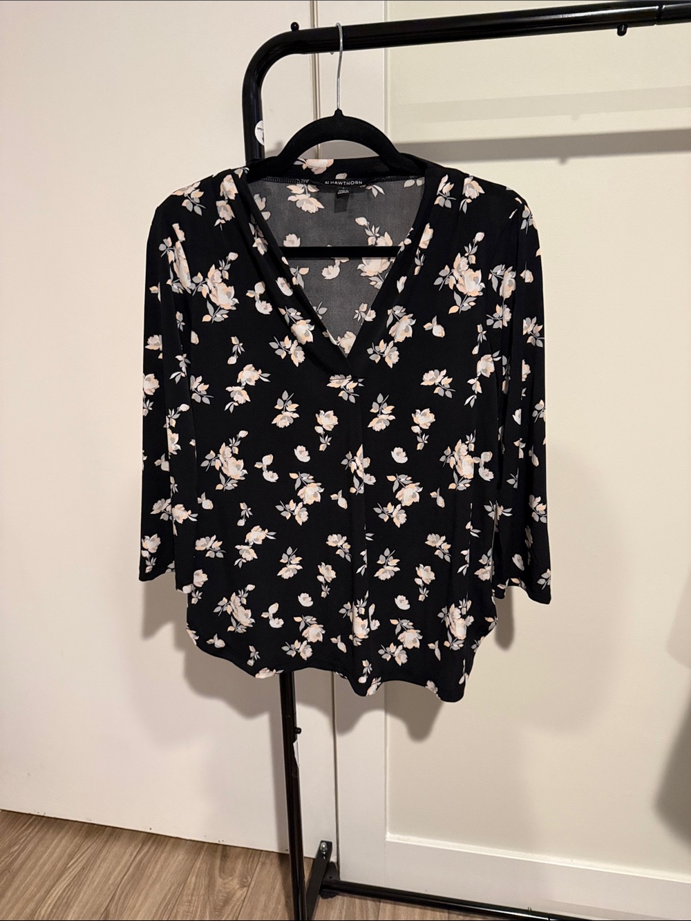 41 Hawthorn Black V-Neck Blouse with Cream Floral Print